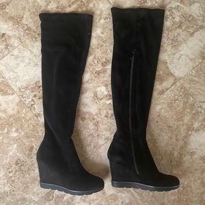 Wedge knee high boots. Black. Fake suede fabric. Slight wear.
